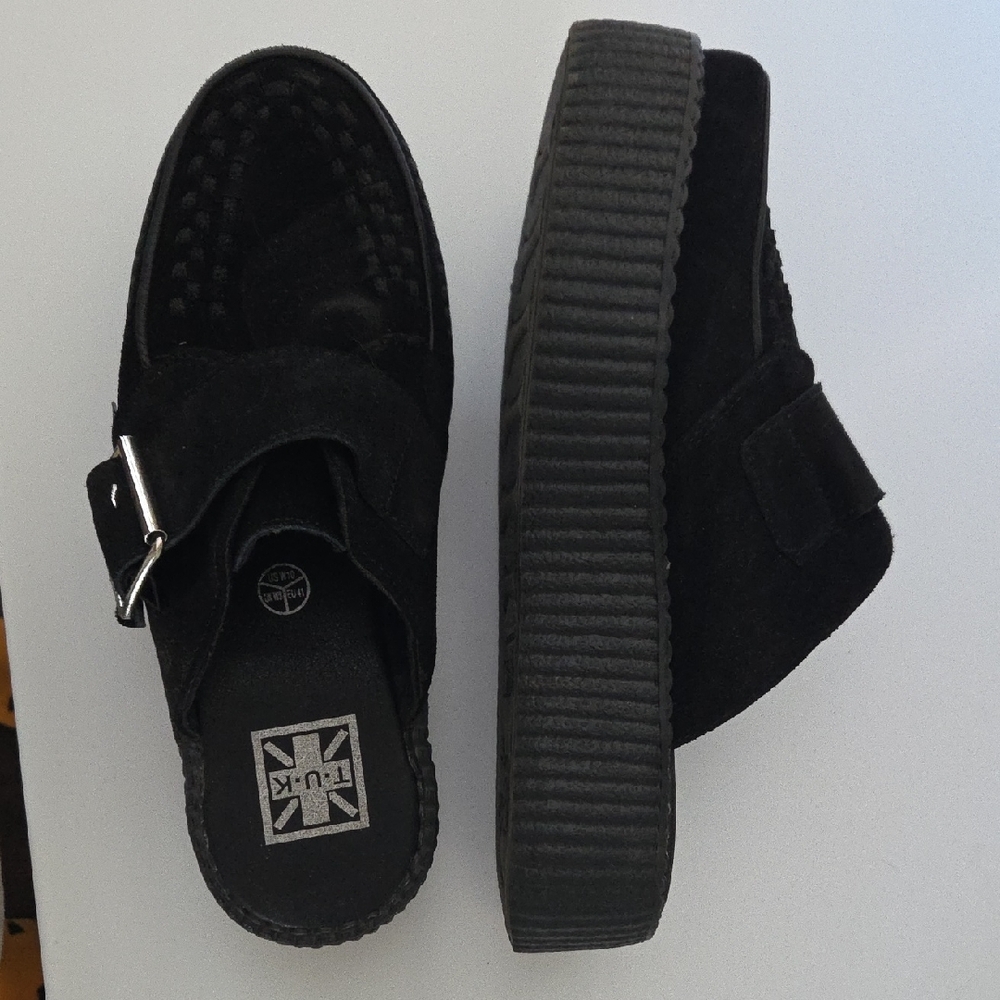 T.U.K Black Suede Platform Clog Mules with Buckle Detail